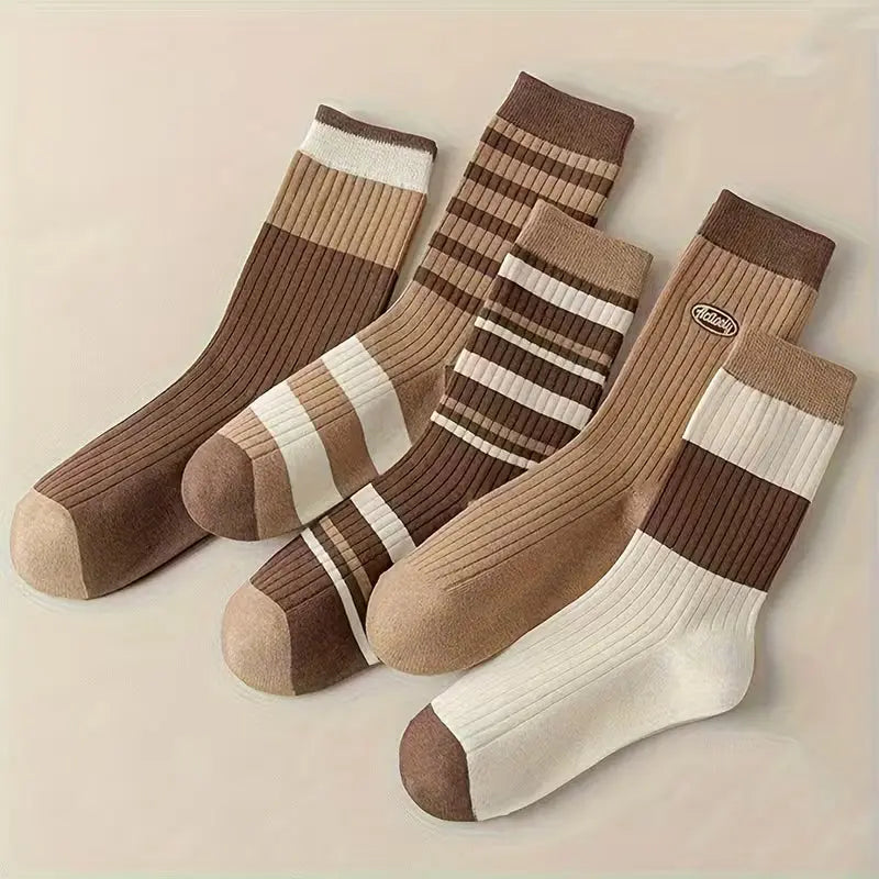 Autumn and Winter 5 Pairs of Women's Mid-Calf Striped Color Block Socks, Versatile Minimalist College Style Brown Long Socks