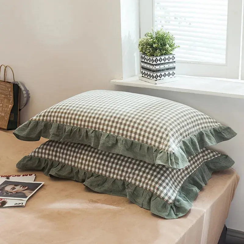 48x74cm Washed Cotton Pillowcase Home Bedding Super Soft Plaid Pillow Cover Ruffled Pillow Case Dorm Girl Room Decoration 2pcs
