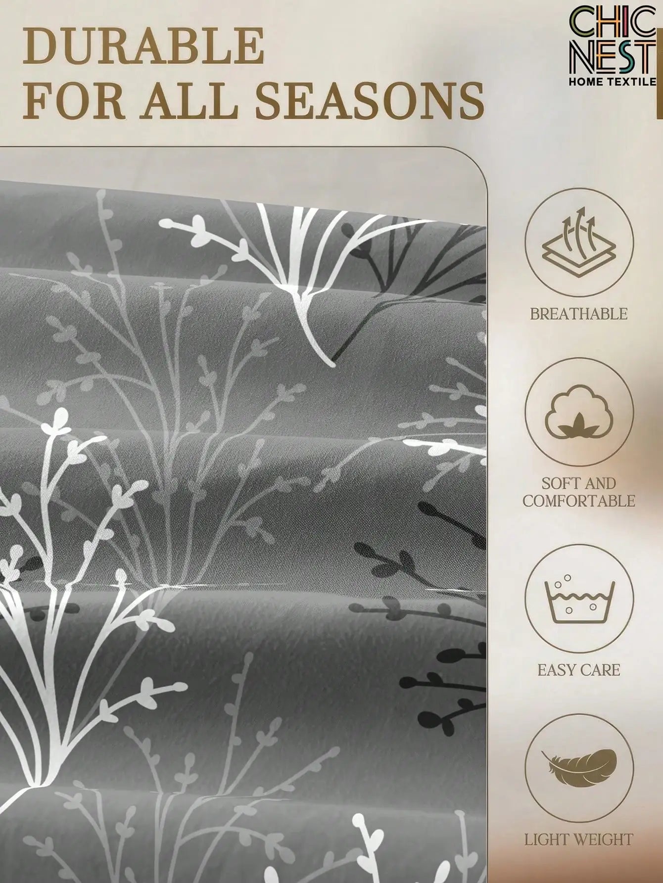 3PCS Gray Fitted Sheet Set Modern Style White Tree Branche Leaf Pattern Print Flat Sheet With 2Pillowcases For Dormitory Decor
