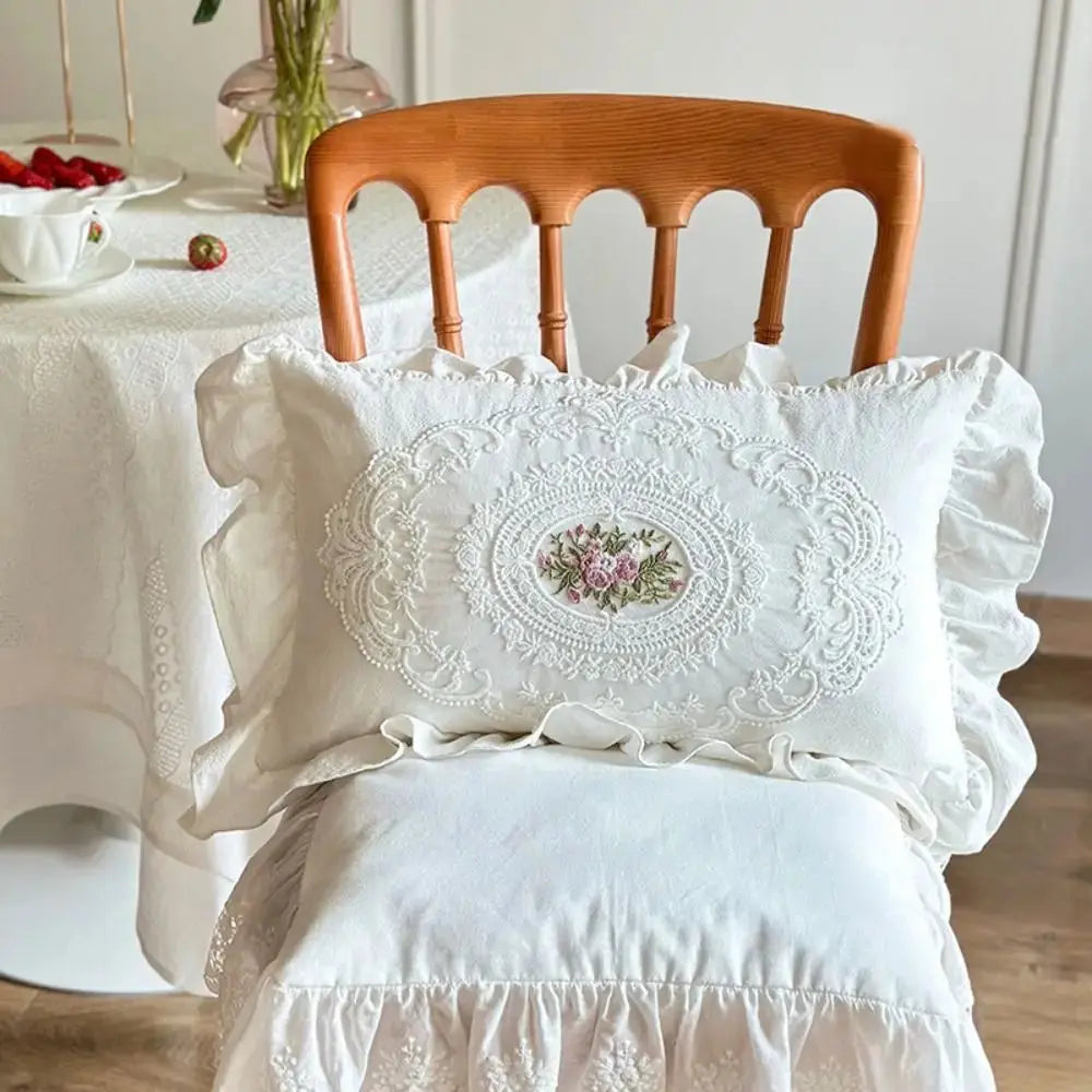 with Lotus Frill French Lace Pillow Cover Washed Material Comfortable Embroidered Cushion Cover Soft Pillow Shell Sofa