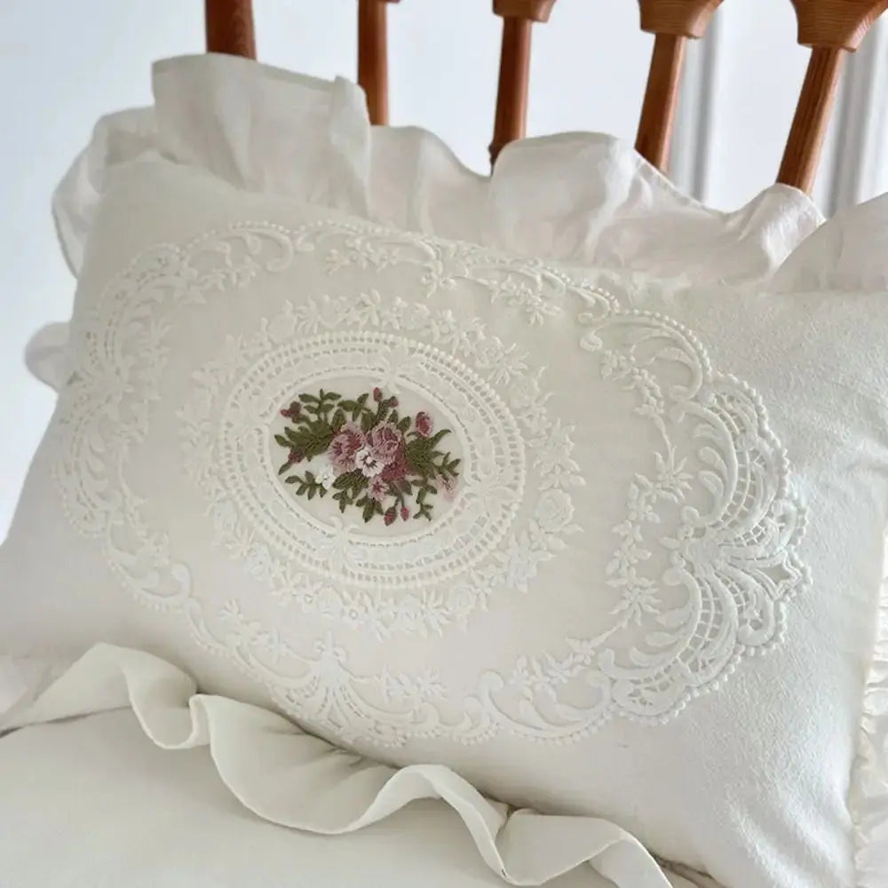 with Lotus Frill French Lace Pillow Cover Washed Material Comfortable Embroidered Cushion Cover Soft Pillow Shell Sofa