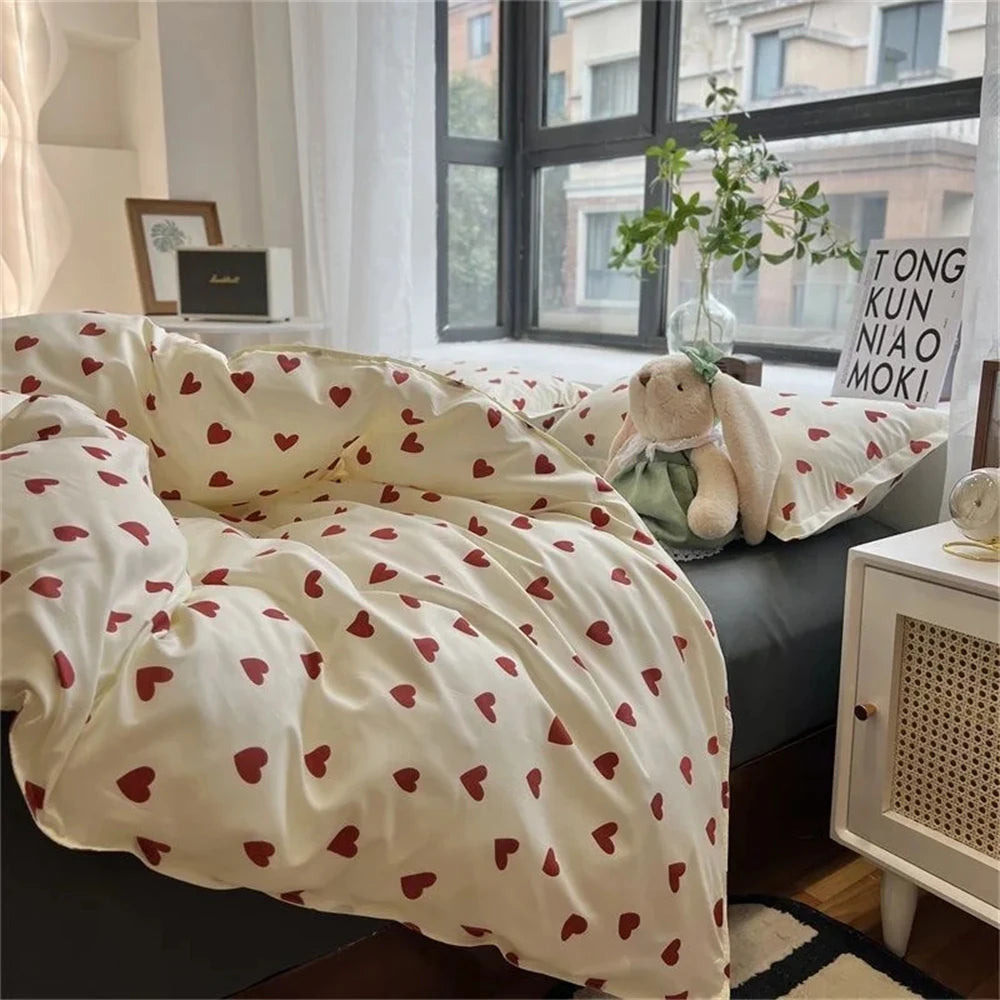 Korean Style Bedding Set Kid Adult Twin Full Queen Size Bed Flat Sheet Set Pillowcase Bed Linen Love Heart Duvet Cover