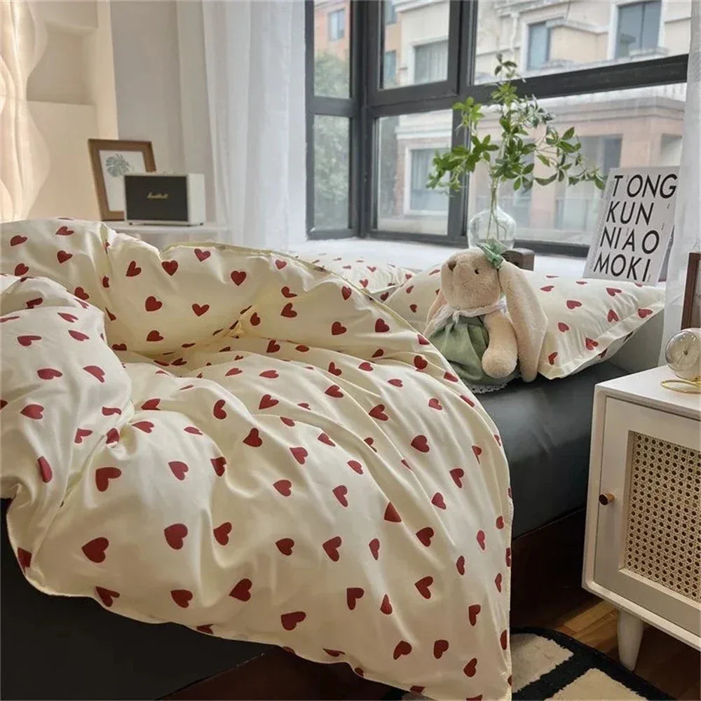 Korean Style Bedding Set Kid Adult Twin Full Queen Size Bed Flat Sheet Set Pillowcase Bed Linen Love Heart Duvet Cover