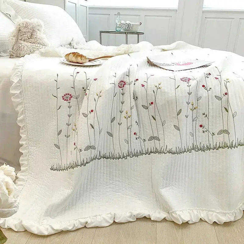 Flower Embroidered Spring Summer Blanket 4/3/1 Pcs Ruffled Quilted Summer Quilt Set Machine Washable Lightweight Comforter Duvet