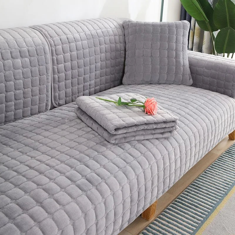 Velvet Sofa Cover Universal Plaid Plush Non-Slip Thickened Living Room Sofa Cover Warm Flannel Sofa Cushion Armrest Back Towel