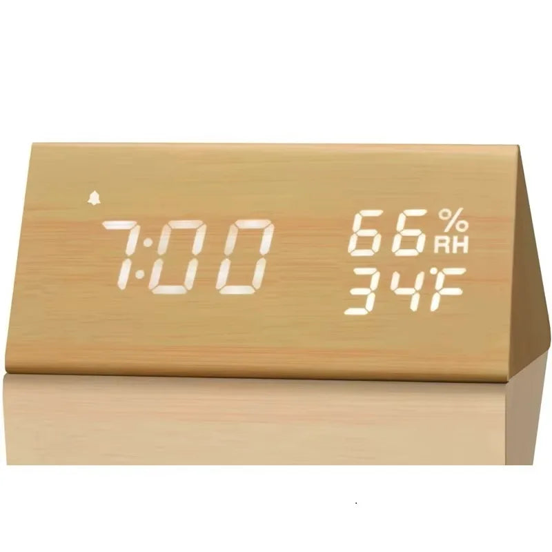 Wooden Alarm Clock Clock LED Time Display USB Charger Humidity and Temperature Detection Digital Alarm Clock For Bedside Table