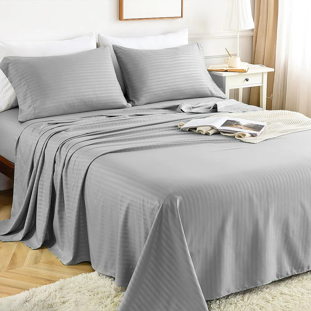 Battilo Bed Sheets 4 Pieces Set Luxury Fitted Flat Sheet with Pillowcases Solid Stripe Bedding Set For Twin Full Queen King Size