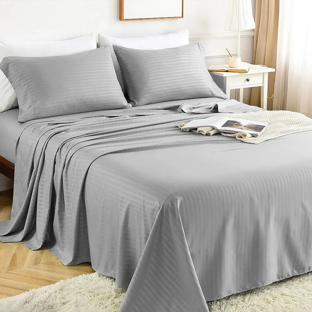 Battilo Bed Sheets 4 Pieces Set Luxury Fitted Flat Sheet with Pillowcases Solid Stripe Bedding Set For Twin Full Queen King Size