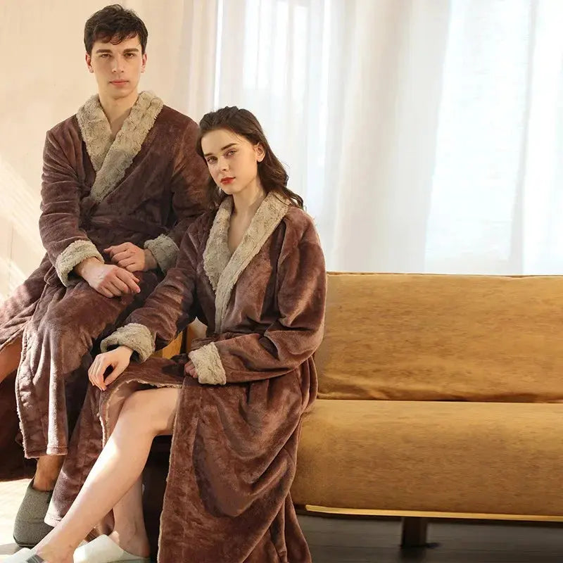 Coral Fleece Couple Bathrobes Plush Flannel Nightgown Women's Warm Robes Men's Autumn Winter Thickened Long Sleepwear Home Wear