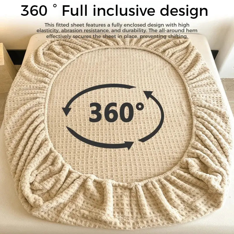 Solid Waffle Texture Fleece Fitted Sheet Autumn Winter Warm Mattress Protector Single Double Size Soft Bed Sheet with Pillowcase