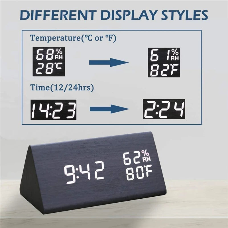 Wooden Alarm Clock Clock LED Time Display USB Charger Humidity and Temperature Detection Digital Alarm Clock For Bedside Table