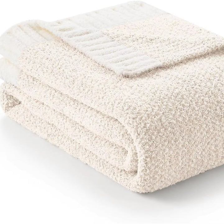 Snuggle Sac Buttery Ivory Throw Blanket for Couch, Reversible Super Soft Knitted Blankets, Cozy Knit Fuzzy Plush Lightweight.