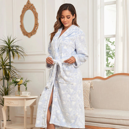 RONGTAI Womens Love print Bathrobe Ladies Fleece Plush Warm Long Robes Fleece Nightgown Sleepwear
