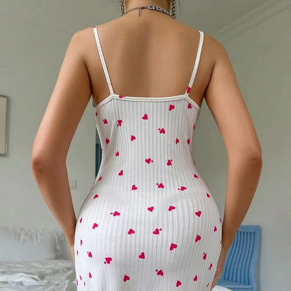 Sexy Women's Night Gown Lace Trim Camisole Bow & Heart Print Sleeveless Sleep Dress Elegant Night Wear for Ladies New Hot