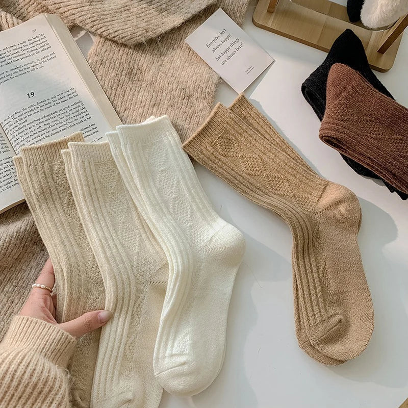 6 Pairs/Lot New Cashmere Wool Socks Women's Winter Thicken Warm Black White Pack Set Thermal Japanese Fashion Solid Color