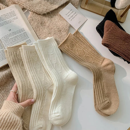 6 Pairs/Lot New Cashmere Wool Socks Women's Winter Thicken Warm Black White Pack Set Thermal Japanese Fashion Solid Color