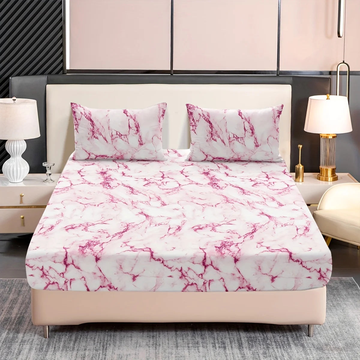 3-Piece Marble Print Fitted Sheet Set - Ultra Soft, Breathable Microfiber Fabric, Hypoallergenic, Wrinkle-Resistant, Easy Care -
