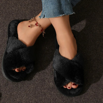 Fashion Women Fluffy Slippers Cross Band Soft Plush Cozy House Shoes Furry Open Toe Indoor Outdoor Slip Warm Anti-skid Sole