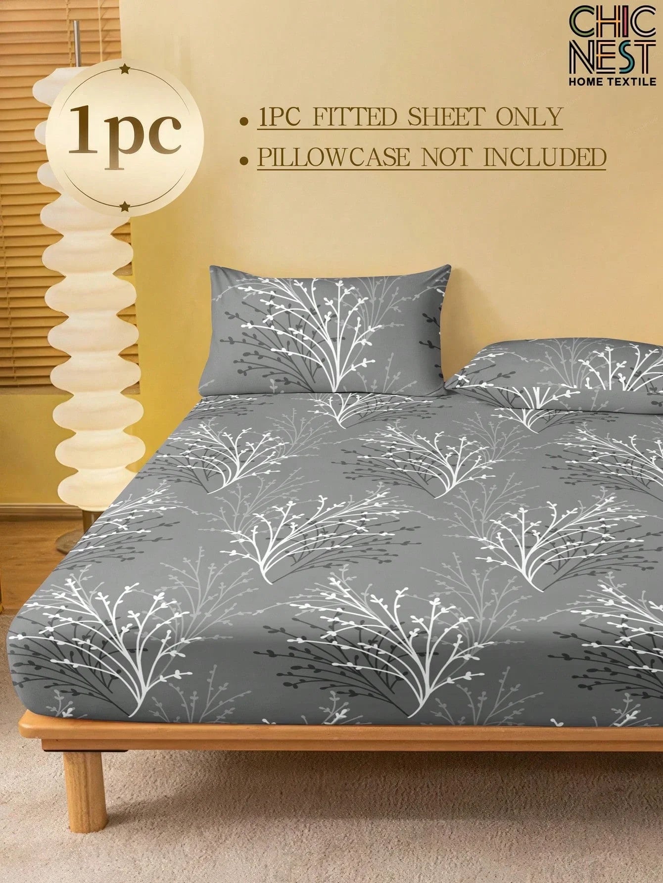 3PCS Gray Fitted Sheet Set Modern Style White Tree Branche Leaf Pattern Print Flat Sheet With 2Pillowcases For Dormitory Decor