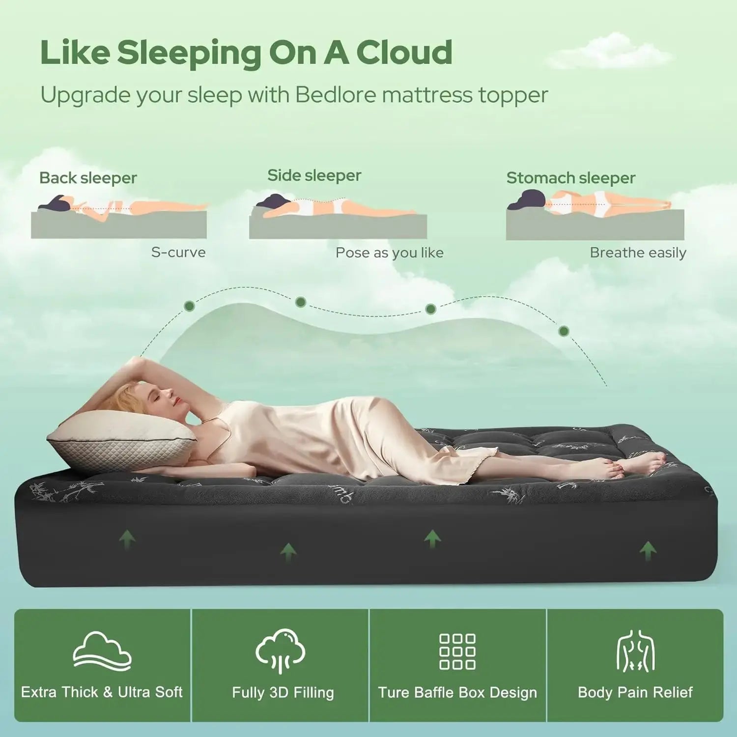 Queen Mattress Topper with Bamboo Viscose, Thick Pillow Top for Back Pain Relief, Fits 6-18 Inch Mattresses in Dark Gray