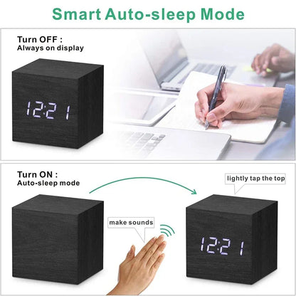 Wooden Digital Alarm Clock with Temperature Sound Control Electronic Clocks Desktop USB/AAA Powered Desperadoe LED Bedside ClocK