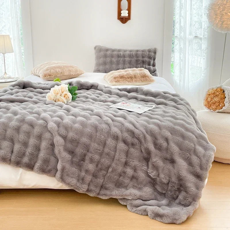 Soft and Cozy Toscana Rabbit Fur Blanket With Double-sided Bubble Fleece - Perfect for Office and Sofa Cover Warm Winter Bed