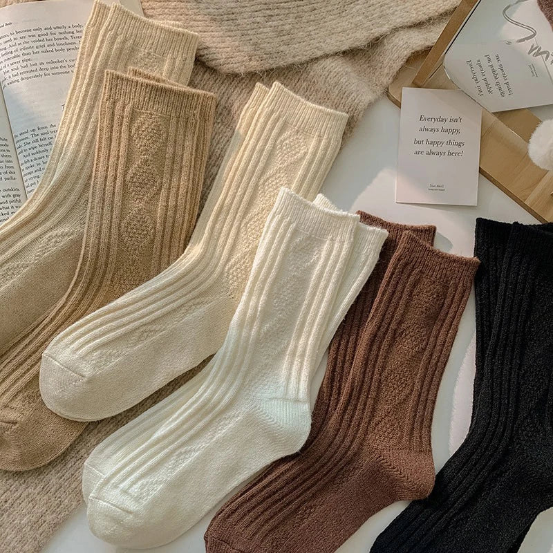 6 Pairs/Lot New Cashmere Wool Socks Women's Winter Thicken Warm Black White Pack Set Thermal Japanese Fashion Solid Color