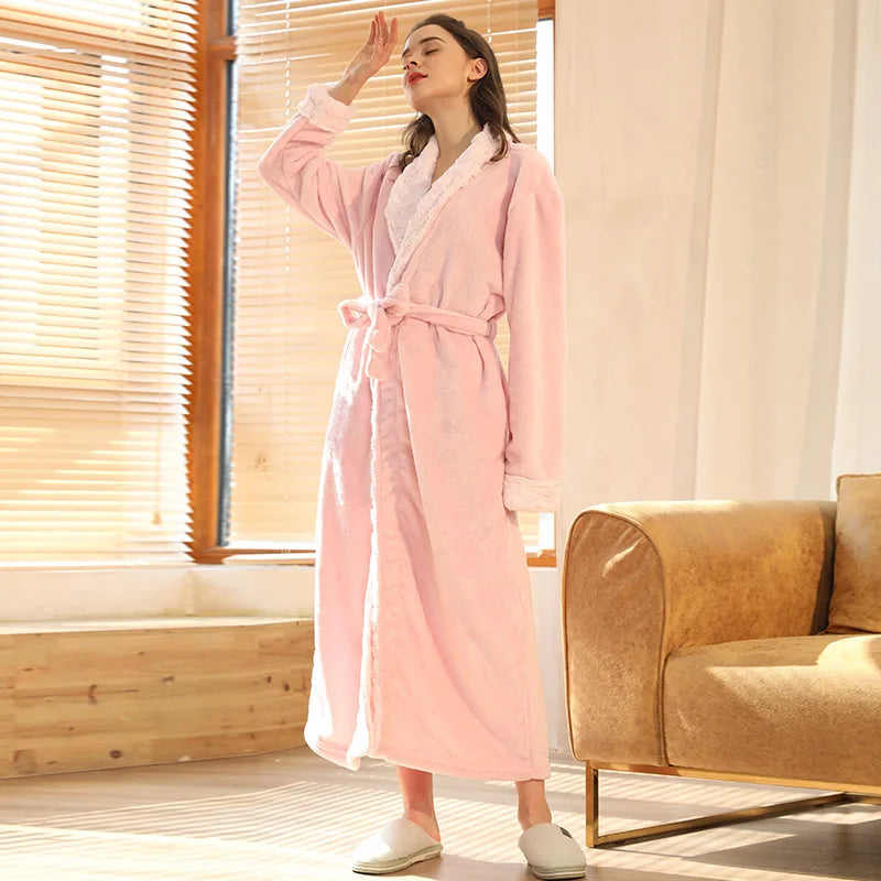 Coral Fleece Couple Bathrobes Plush Flannel Nightgown Women's Warm Robes Men's Autumn Winter Thickened Long Sleepwear Home Wear