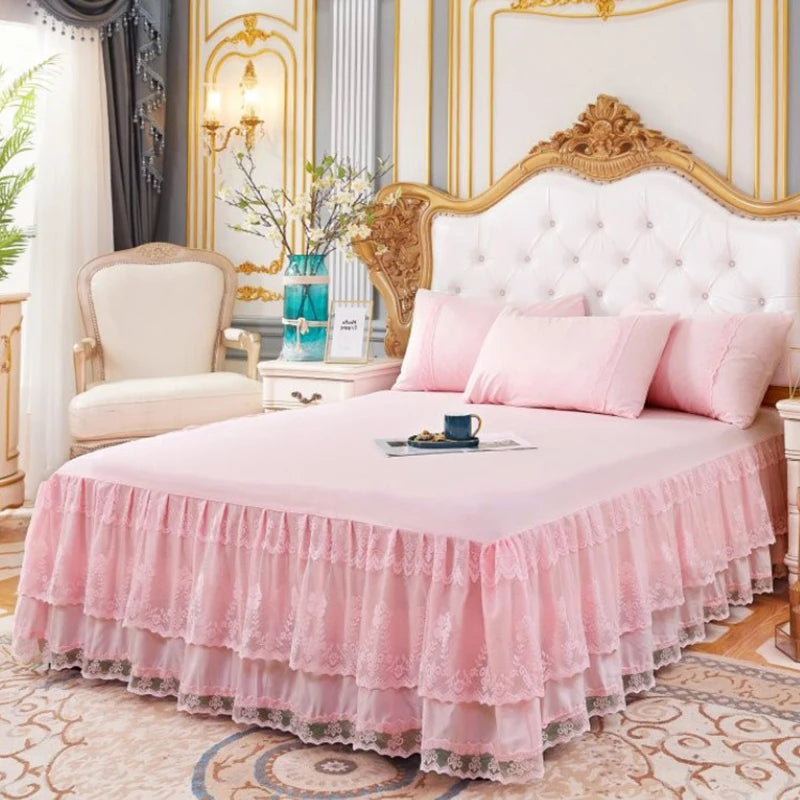 New 3 Layers Bed Skirt Lace Ruffled Bed Skirt Couvre Lit Bedroom Bed Cover Bed Skirt Non-slip Mattress Cover Bedsheet Bedspread
