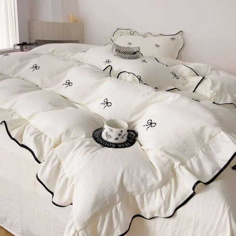 3pcs bow embroidery Bedding set ruffles Duvet Cover Set (1*Duvet Cover + 2*Pillowcase, Without Core)for bedroom guest room