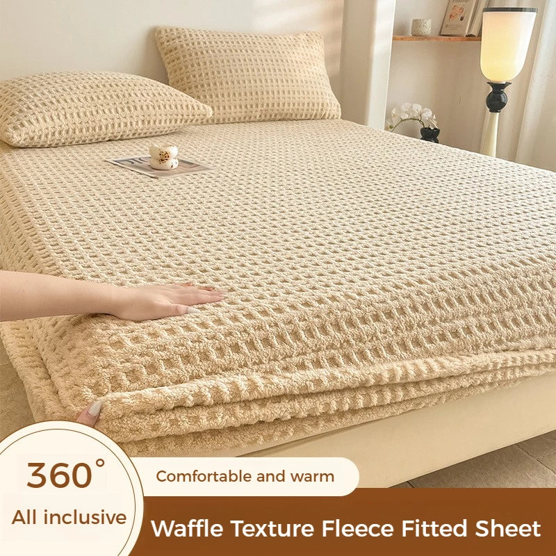 Solid Waffle Texture Fleece Fitted Sheet Autumn Winter Warm Mattress Protector Single Double Size Soft Bed Sheet with Pillowcase