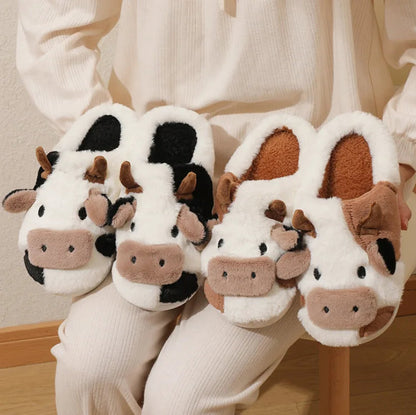 Winter Home Slippers for Couples Warm Plush Neutral Cartoon Cow Indoor Anti Slip Comfortable Cotton Slippers for Men and Women