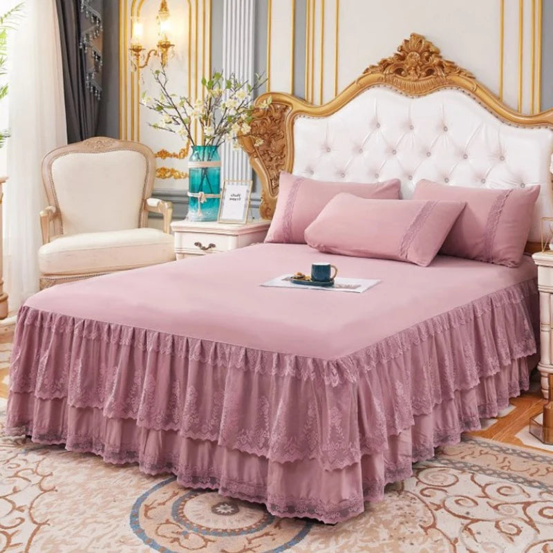 New 3 Layers Bed Skirt Lace Ruffled Bed Skirt Couvre Lit Bedroom Bed Cover Bed Skirt Non-slip Mattress Cover Bedsheet Bedspread