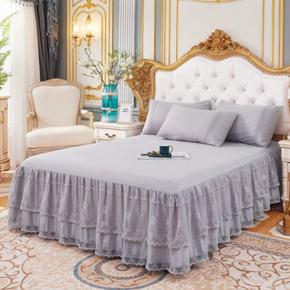 New 3 Layers Bed Skirt Lace Ruffled Bed Skirt Couvre Lit Bedroom Bed Cover Bed Skirt Non-slip Mattress Cover Bedsheet Bedspread