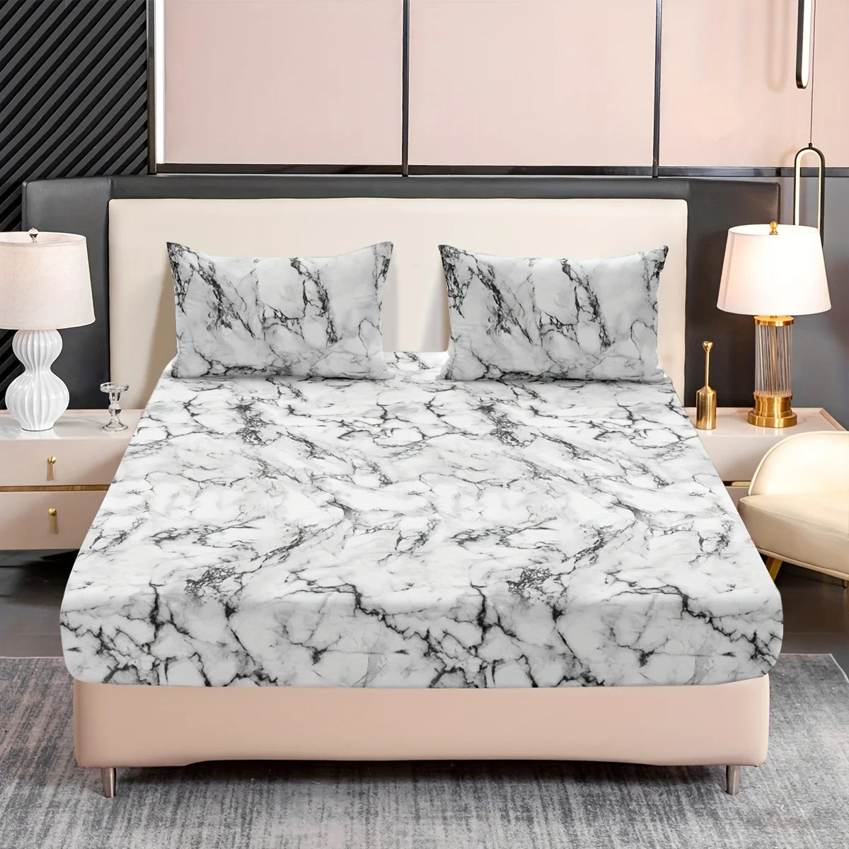 3-Piece Marble Print Fitted Sheet Set - Ultra Soft, Breathable Microfiber Fabric, Hypoallergenic, Wrinkle-Resistant, Easy Care -