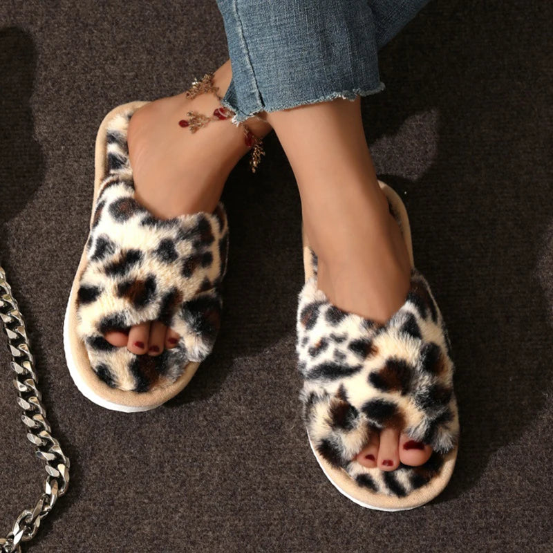 Fashion Women Fluffy Slippers Cross Band Soft Plush Cozy House Shoes Furry Open Toe Indoor Outdoor Slip Warm Anti-skid Sole