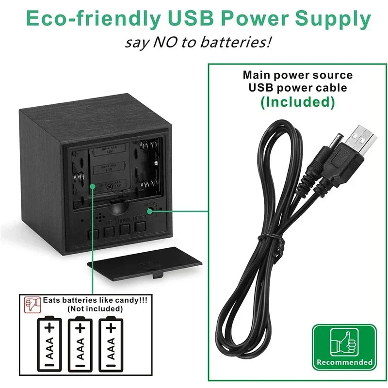 Wooden Digital Alarm Clock with Temperature Sound Control Electronic Clocks Desktop USB/AAA Powered Desperadoe LED Bedside ClocK