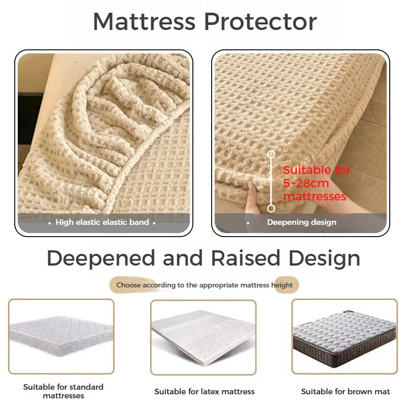Solid Waffle Texture Fleece Fitted Sheet Autumn Winter Warm Mattress Protector Single Double Size Soft Bed Sheet with Pillowcase
