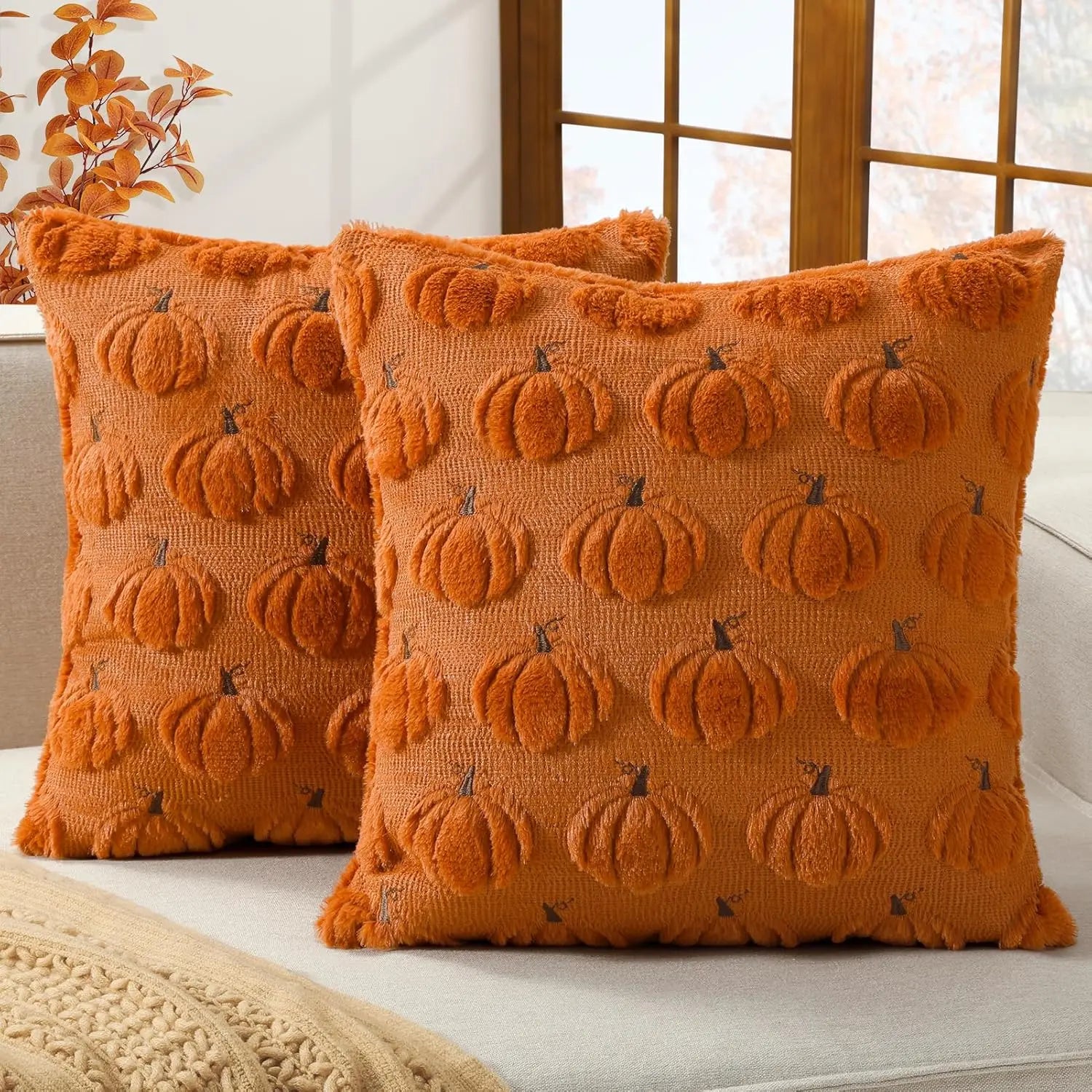 45x45cm Halloween Pumpkin Faux Fur Cushion Covers Embroidered PillowCases Couch Bedroom LivingRoom Decorative Throw PillowCovers