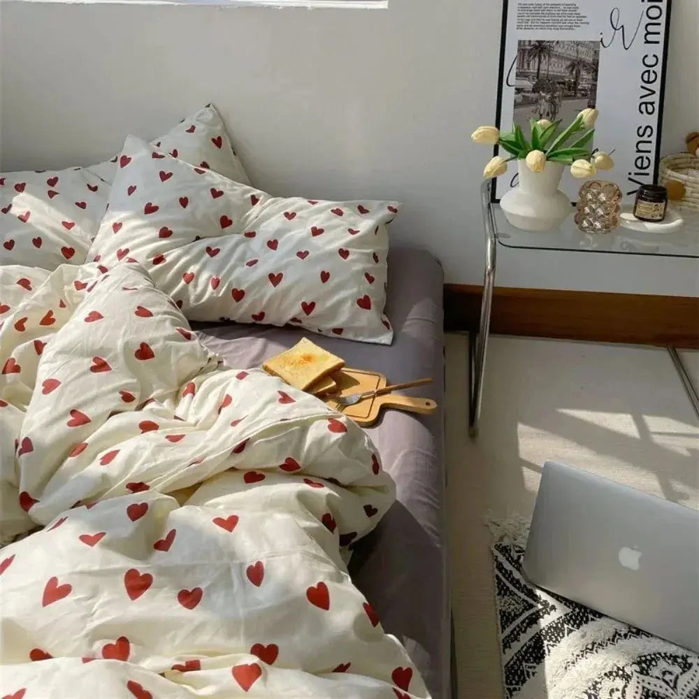 Korean Style Bedding Set Kid Adult Twin Full Queen Size Bed Flat Sheet Set Pillowcase Bed Linen Love Heart Duvet Cover