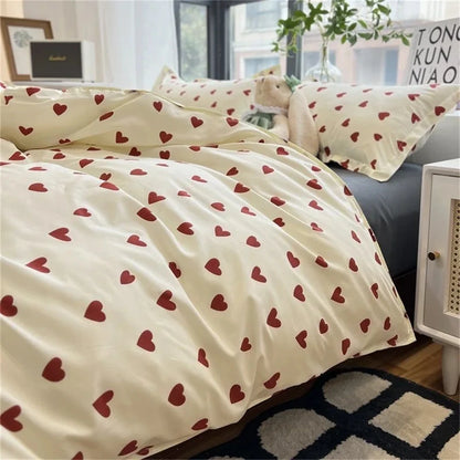 Korean Style Bedding Set Kid Adult Twin Full Queen Size Bed Flat Sheet Set Pillowcase Bed Linen Love Heart Duvet Cover