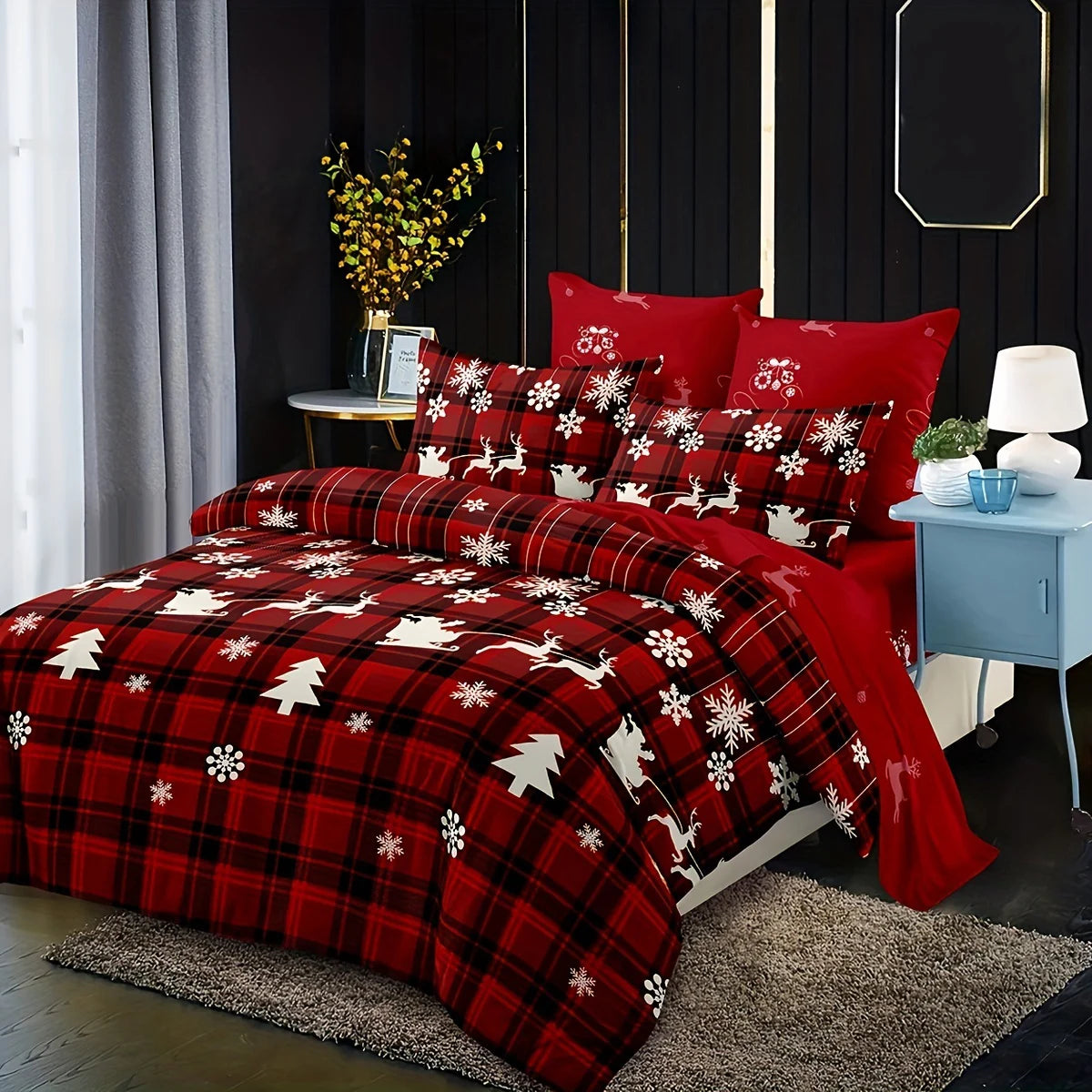 3-Piece Christmas-Themed Duvet Cover Set - Soft, Breathable, and Hypoallergenic Fabric - Checkered Elk Snowflake Print Design, P