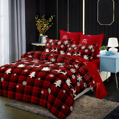 3-Piece Christmas-Themed Duvet Cover Set - Soft, Breathable, and Hypoallergenic Fabric - Checkered Elk Snowflake Print Design, P