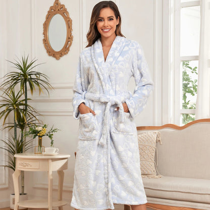 RONGTAI Womens Love print Bathrobe Ladies Fleece Plush Warm Long Robes Fleece Nightgown Sleepwear