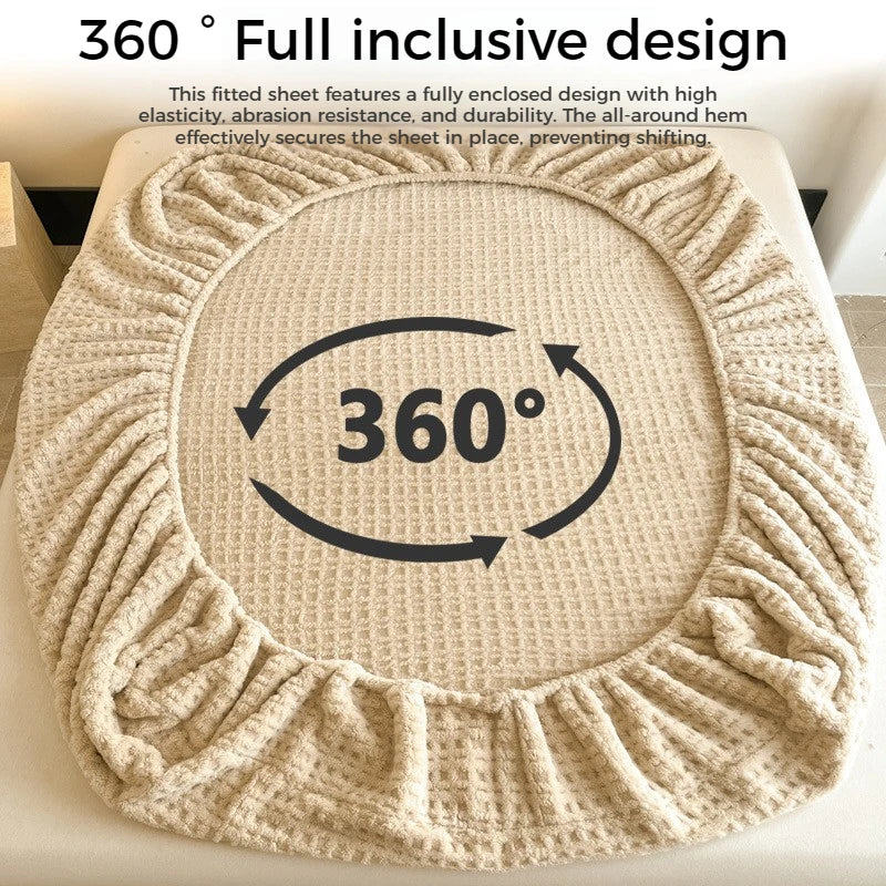 Solid Waffle Texture Fleece Fitted Sheet Autumn Winter Warm Mattress Protector Single Double Size Soft Bed Sheet with Pillowcase