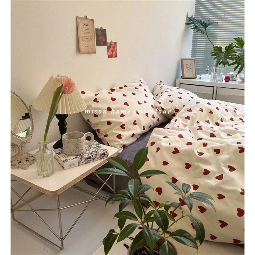Korean Style Bedding Set Kid Adult Twin Full Queen Size Bed Flat Sheet Set Pillowcase Bed Linen Love Heart Duvet Cover