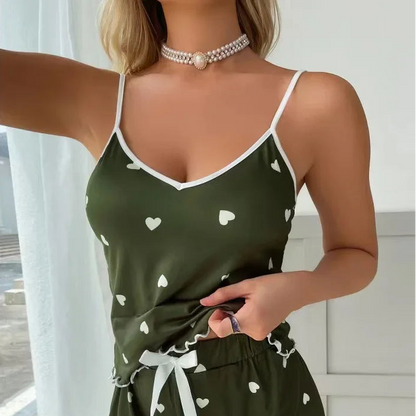 Summer Hot Sale Women's Sleeveless Strap Two-Piece Set Home Sleepwear Soft Drapey Cute Heart Print Sleepwear Ensemble
