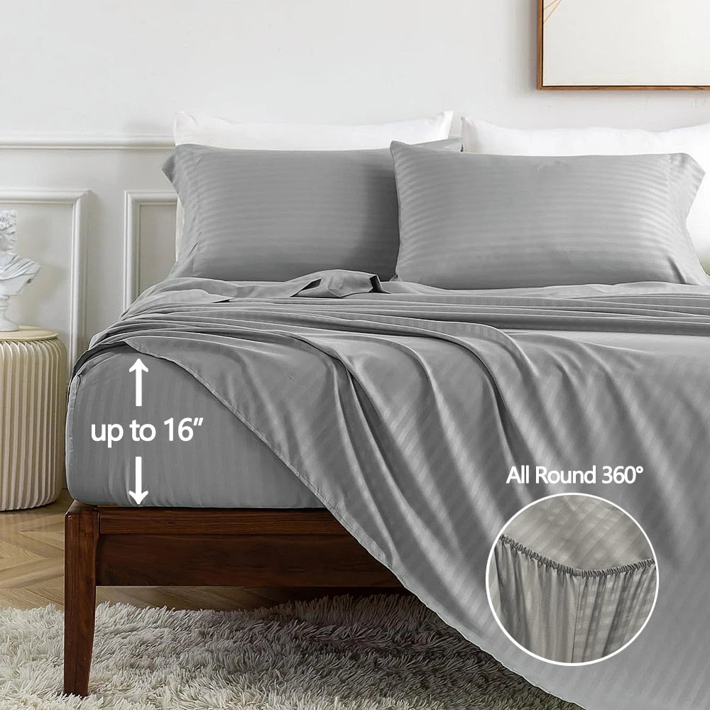 Battilo Bed Sheets 4 Pieces Set Luxury Fitted Flat Sheet with Pillowcases Solid Stripe Bedding Set For Twin Full Queen King Size