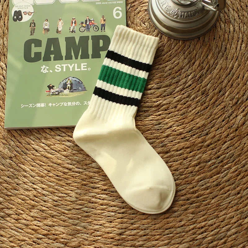 Vintage Men's Striped Medium Tube Socks Vintage Striped Unisex Women Couple Terry Socks Japanese Thick Towel Bottom Sports Socks
