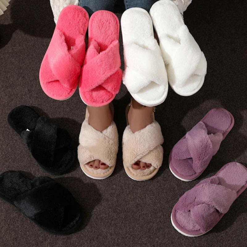 Fashion Women Fluffy Slippers Cross Band Soft Plush Cozy House Shoes Furry Open Toe Indoor Outdoor Slip Warm Anti-skid Sole